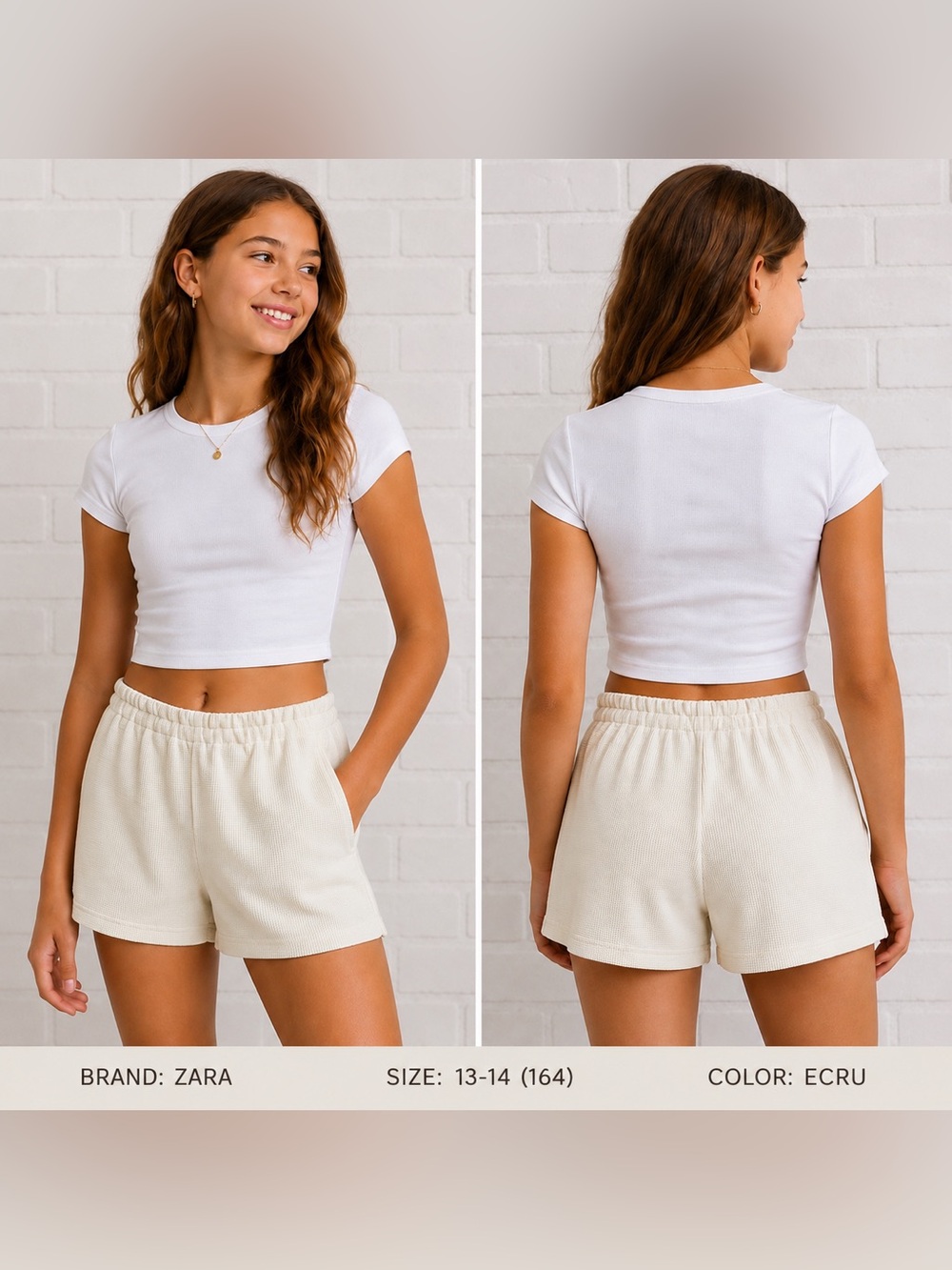 ZARA Girls Waffle Knit Lounge Shorts Cream Elastic Waist Size 13/14
